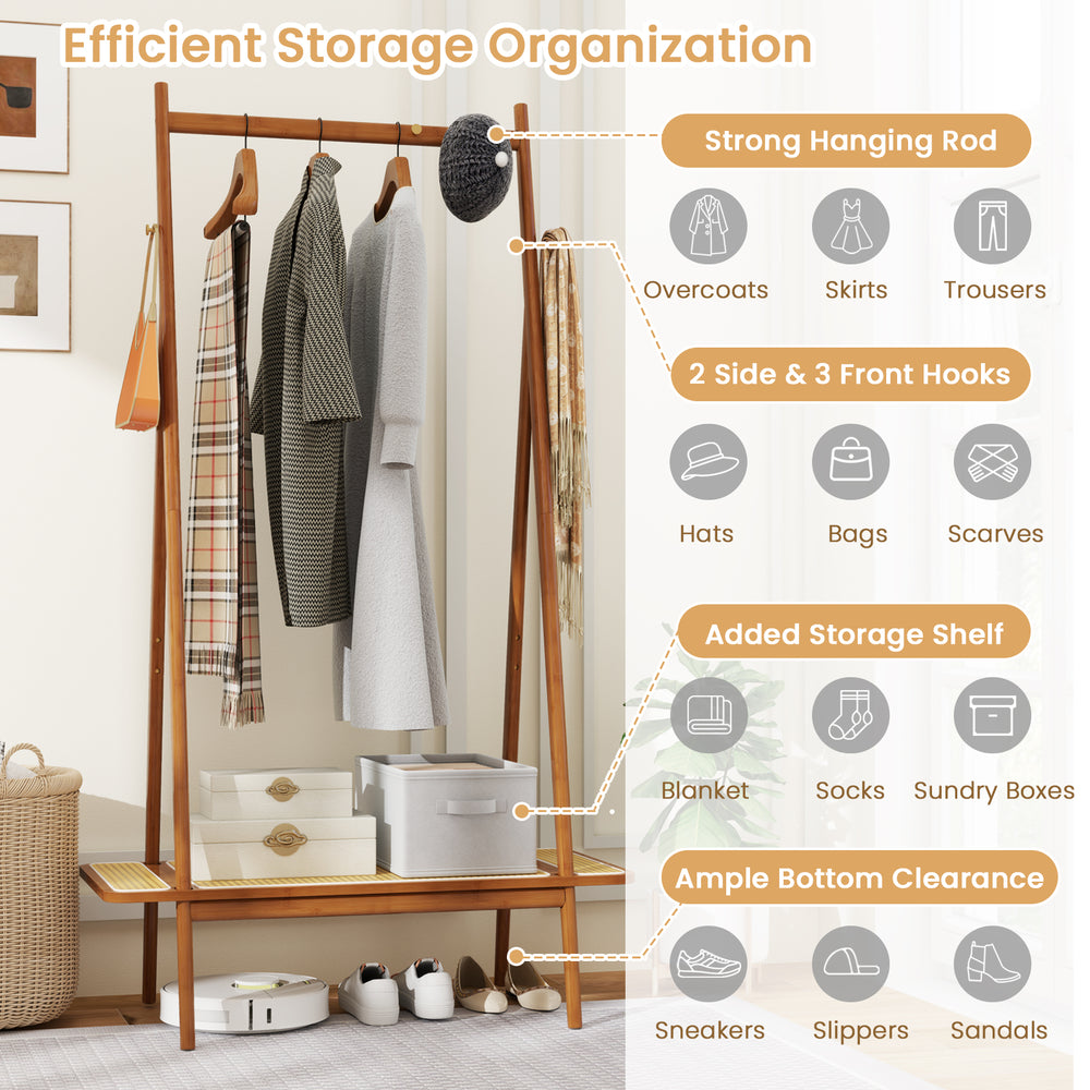 Bamboo clothes rack with strong hanging rod and protective foot pads, providing organized storage for coats and.