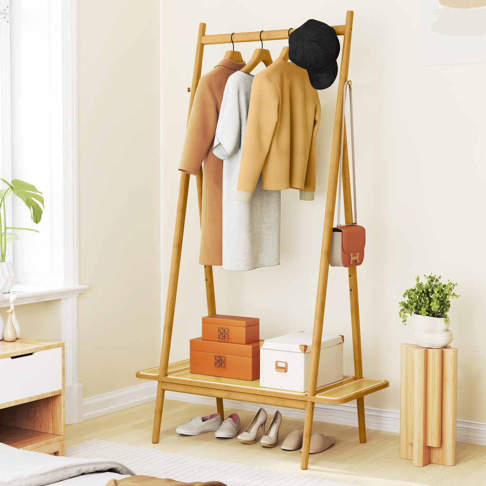 Bamboo Clothes Rack with Hanging Rod Rattan Shelf and Copper Hooks-Natural - Gallery View 1 of 11
