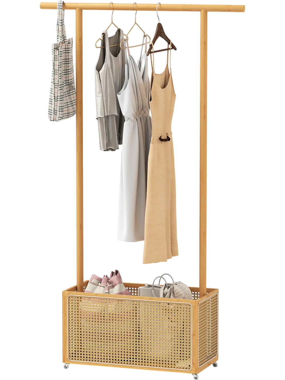 Bamboo clothes rack with hanging rod and rattan storage basket, featuring wheels for easy movement, ideal for entryway.