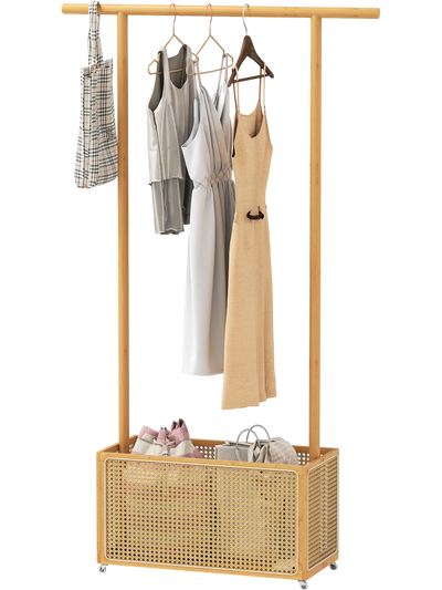 Costway Bamboo Clothes Rack w/ Rattan Storage Basket & Wheels 12284243 New