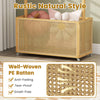 Bamboo clothes rack with a natural finish and well-woven PE rattan storage basket, ideal for stylish organization.