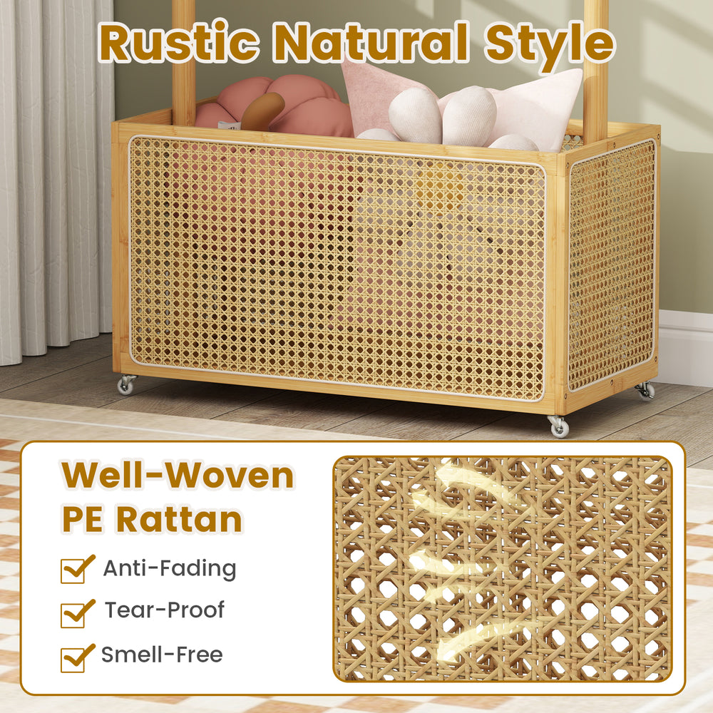 Bamboo clothes rack with a natural finish and well-woven PE rattan storage basket, ideal for stylish organization.