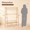Bamboo clothing garment rack with two shelves, side hooks, and a hanging rod, ideal for organizing garments in any room.