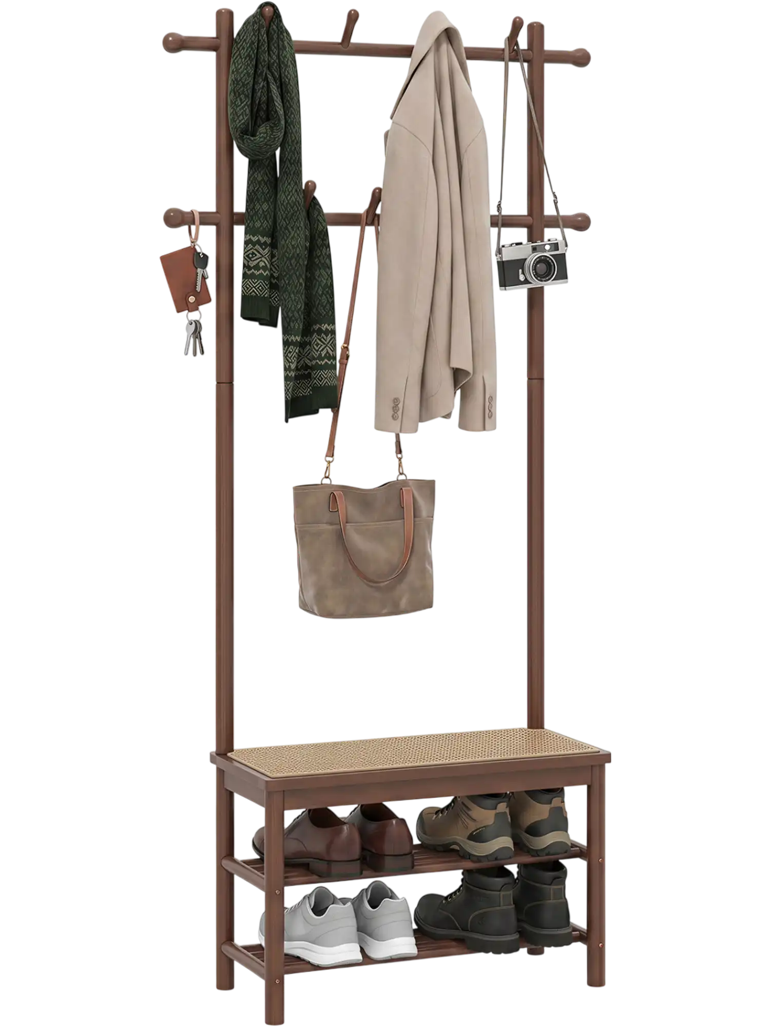 Costway Bamboo PE Rattan Hall Tree Entryway Bench Shoe Storage Coat Rack 21047469 New