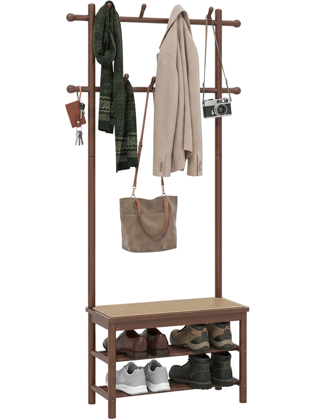 Bamboo coat rack with PE rattan surface, featuring 11 hooks, shoe storage, and a bench for entryway organization.