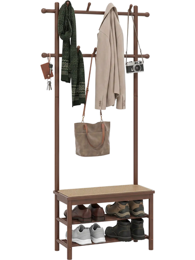 Costway Bamboo PE Rattan Hall Tree Entryway Bench Shoe Storage Coat Rack 21047469 New