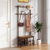 Bamboo coat rack with PE rattan bench and shoe storage features 11 hooks and two open shelves for organized entryways.