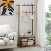 Bamboo coat rack with PE rattan surface, 11 hooks, and shoe storage bench for organized entryway convenience.