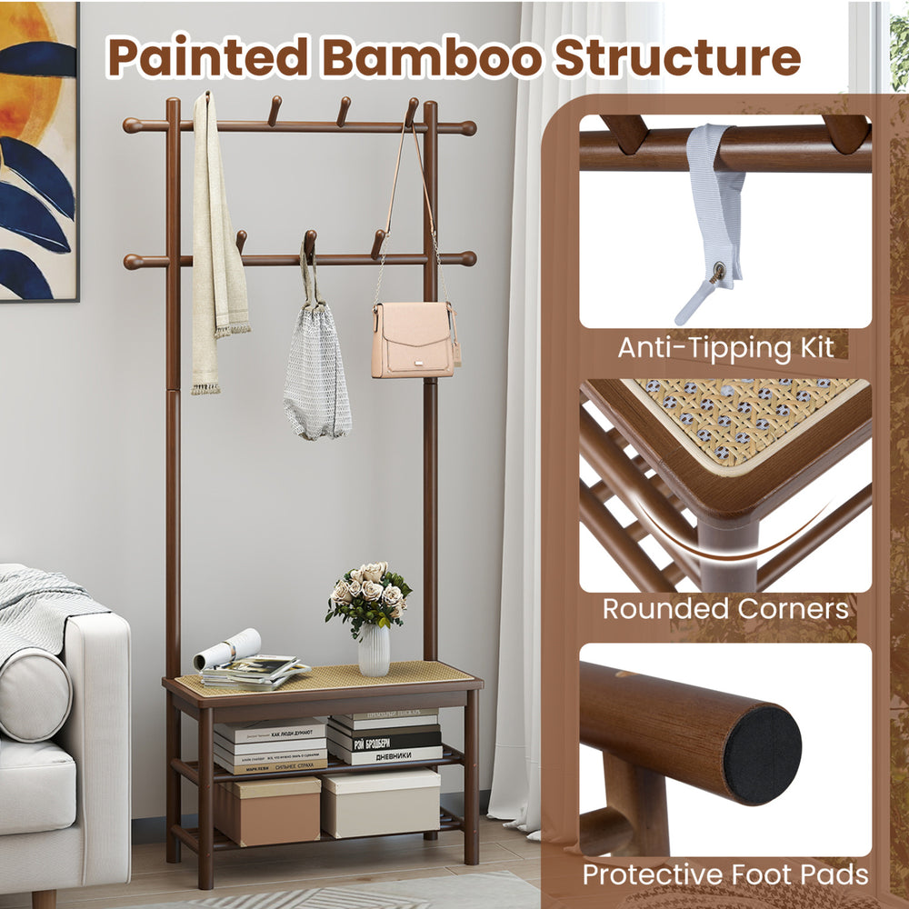 Bamboo coat rack with protective foot pads and anti-tipping kit, featuring a shoe changing bench and PE rattan surface.