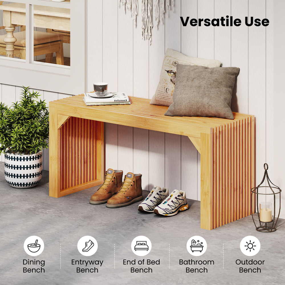 Bamboo dining bench with slatted top, 36" long, suitable for indoor and outdoor use, perfect for entryways or dining.