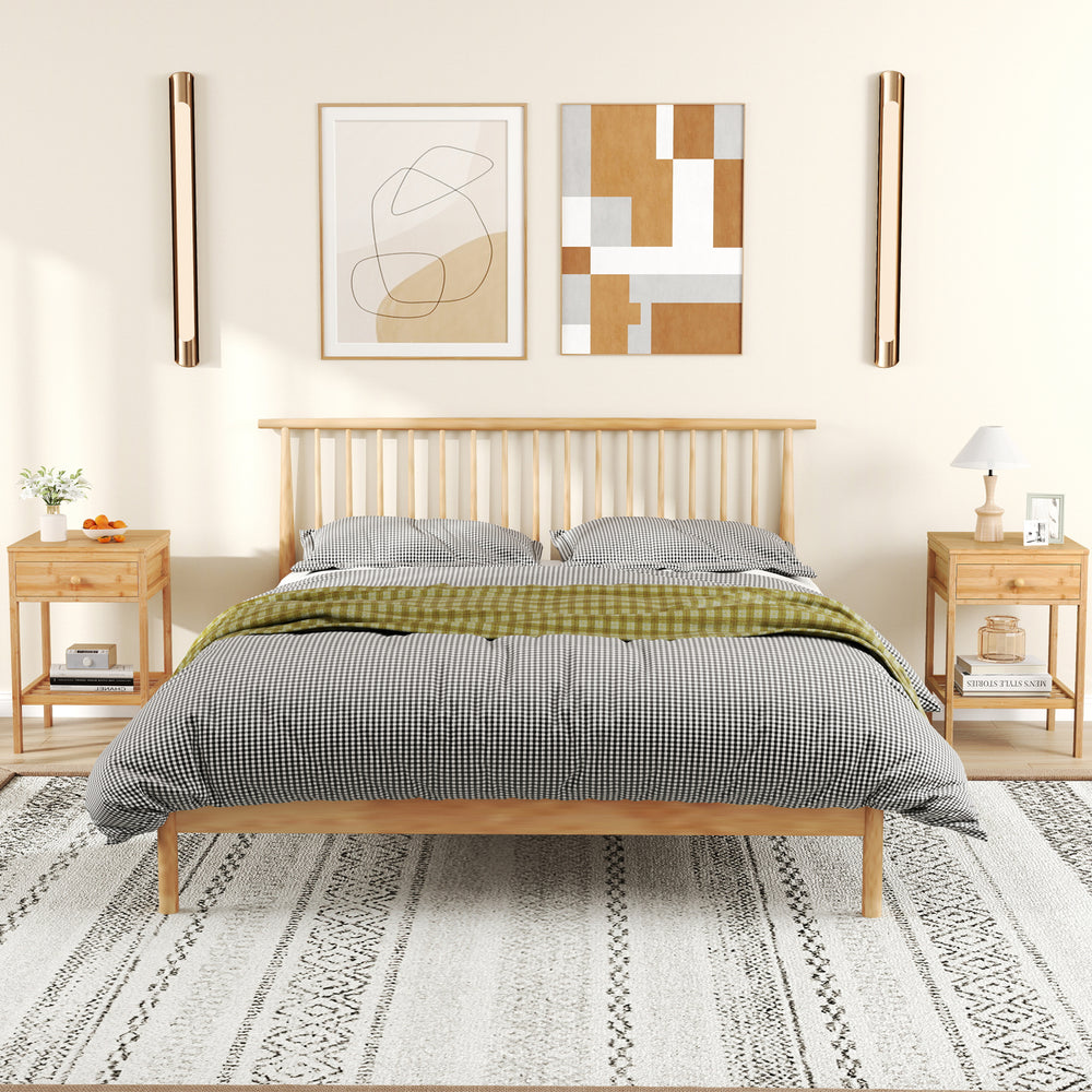 Bamboo nightstand set featuring a drawer and open shelf, perfect for bedside storage and rustic decor.