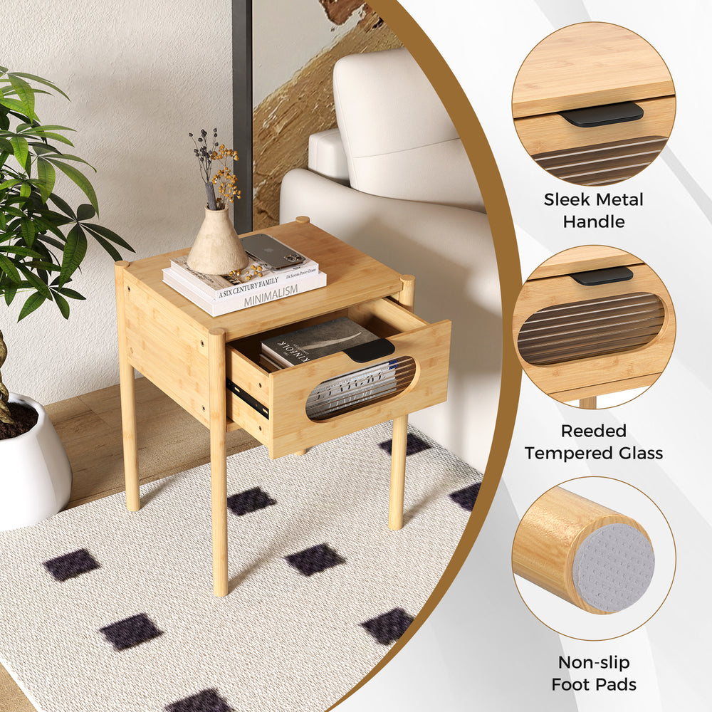 Bamboo nightstand with decorated drawer, reeded tempered glass, and sleek metal handle for modern elegance and.