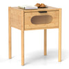 Bamboo nightstand with a decorated drawer, spacious tabletop, and modern design, perfect for bedroom storage.