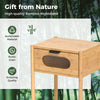Bamboo nightstand with decorated drawer and reeded glass, featuring a rustic grain for natural allure and modern.