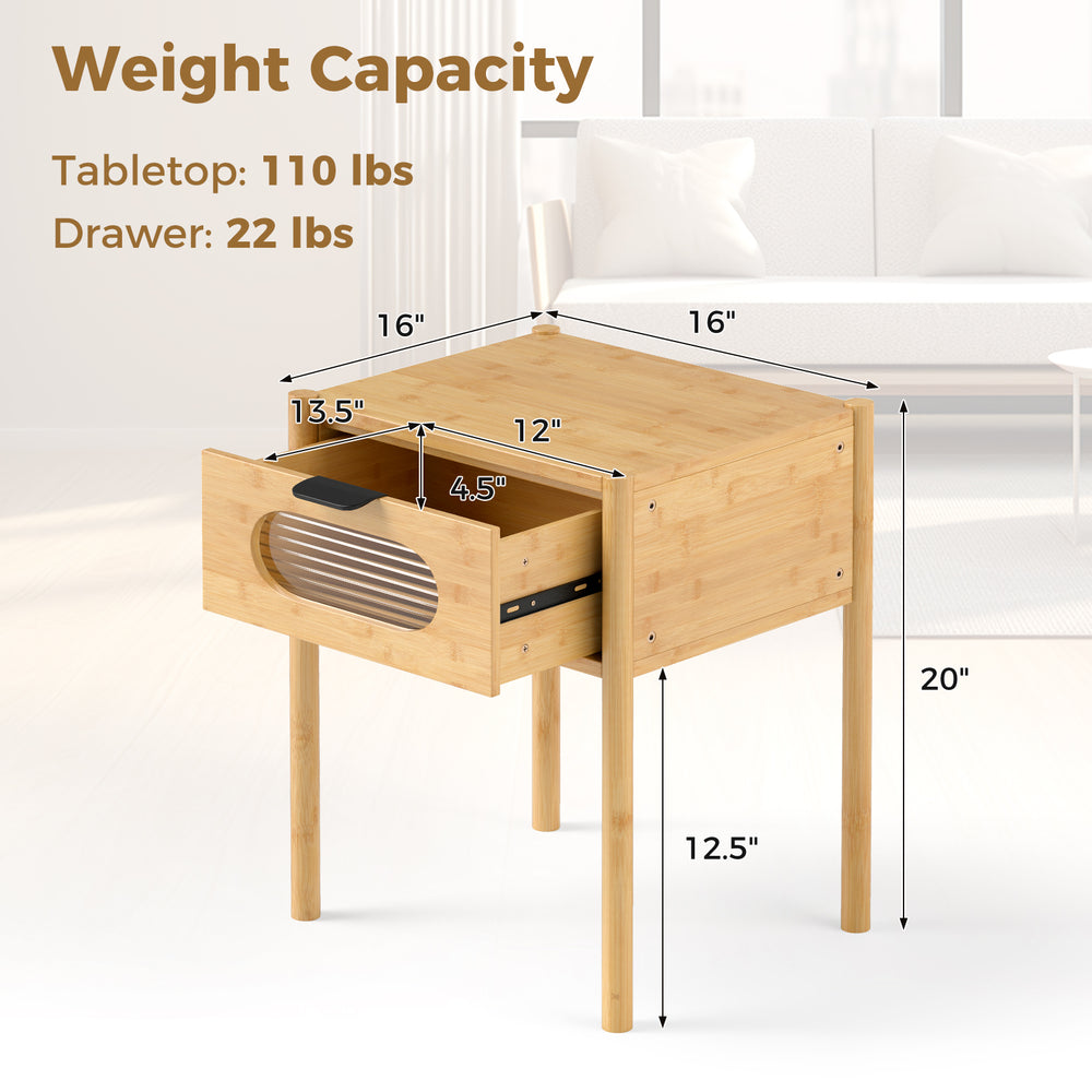 Bamboo nightstand with a decorated drawer, featuring a spacious tabletop and modern design, ideal for bedroom decor.