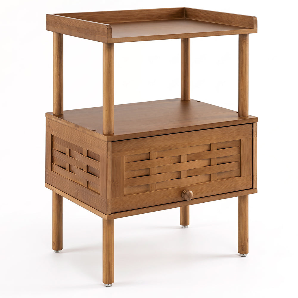 Bamboo rattan nightstand features a raised edge, flip-up door, and open shelf for stylish storage in living room or bedroom.