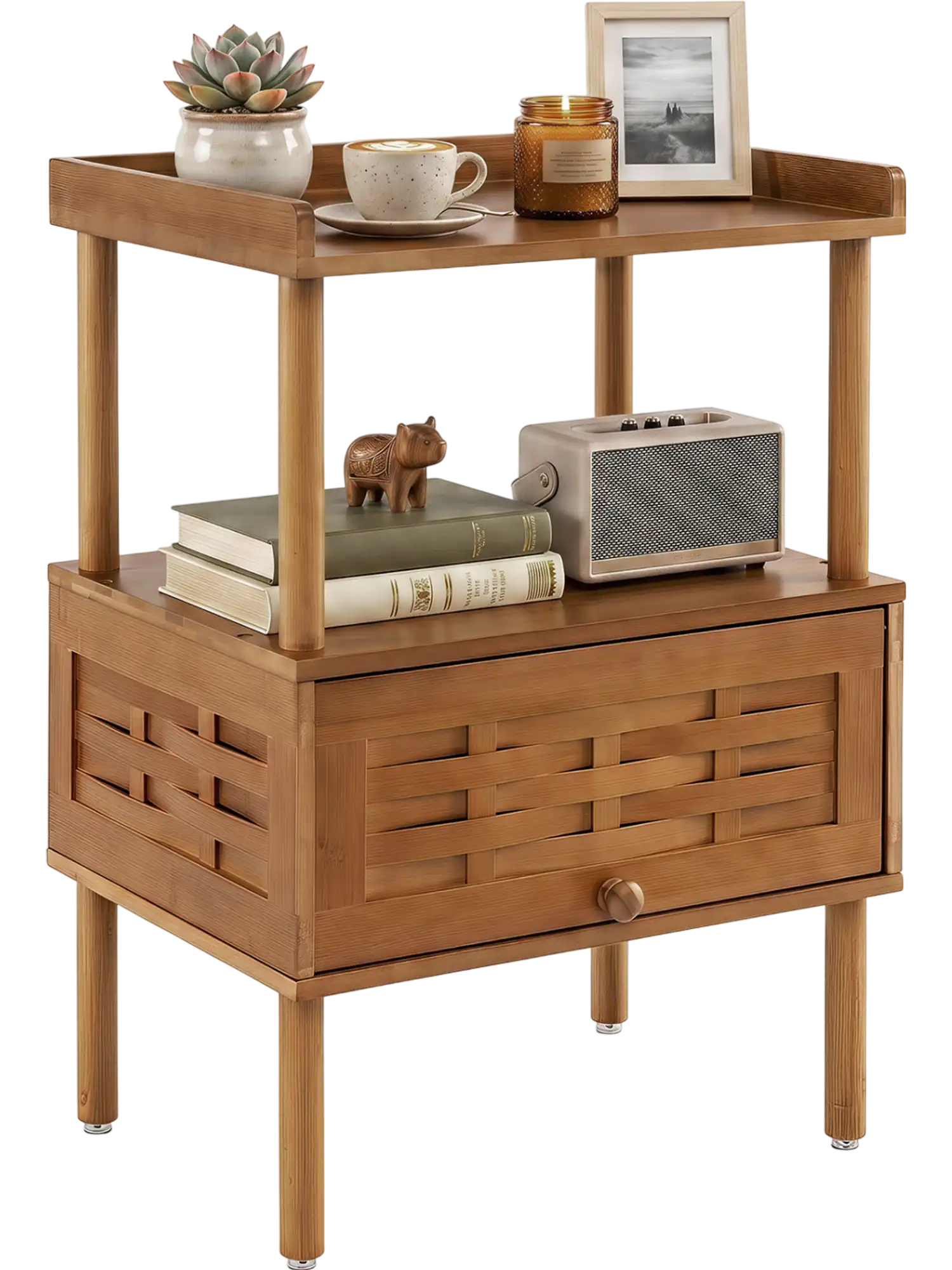 Costway Bamboo Rattan Nightstand Side Table Flip-Up Door Open Shelf 35863549 New