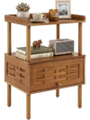 Bamboo rattan nightstand in walnut with a flip-up door, open shelf, and anti-slipping foot pads for versatile storage.