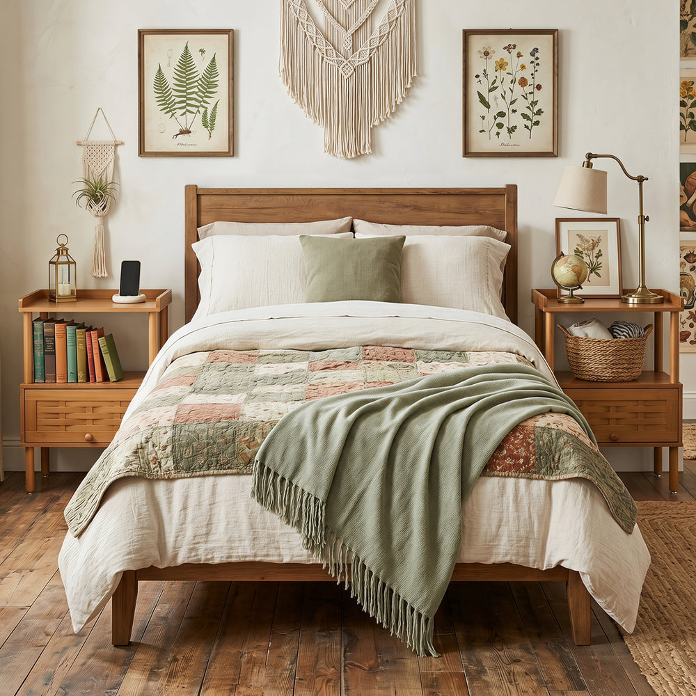 Bamboo rattan nightstand in walnut with raised edges, flip-up door, and open shelf for convenient storage in any room.
