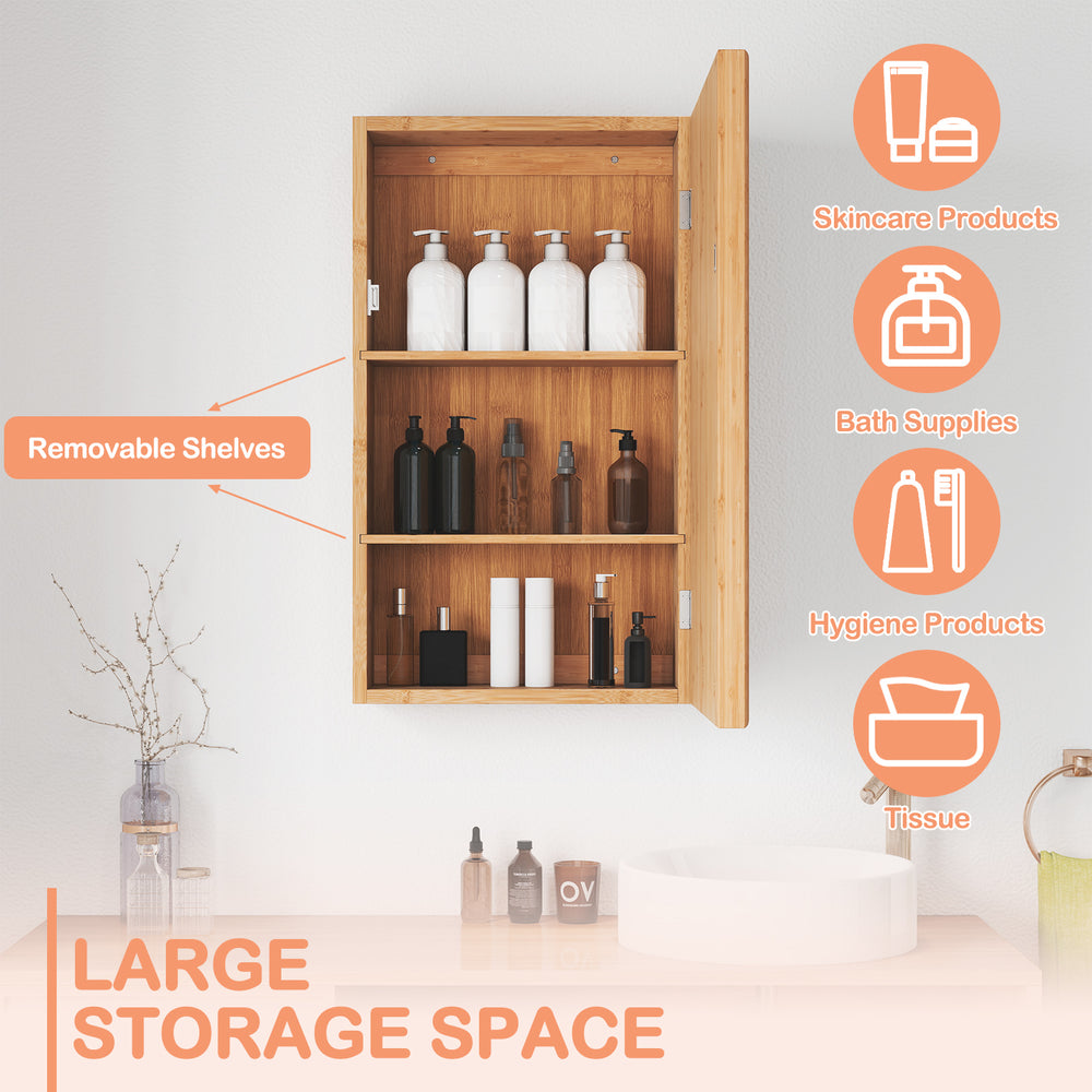 Bamboo medicine cabinet with mirror door, featuring removable shelves for customizable storage of toiletries and.