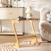 Bamboo Z-shaped side table with spacious tabletop, ideal for small spaces, supporting snacks and laptops.