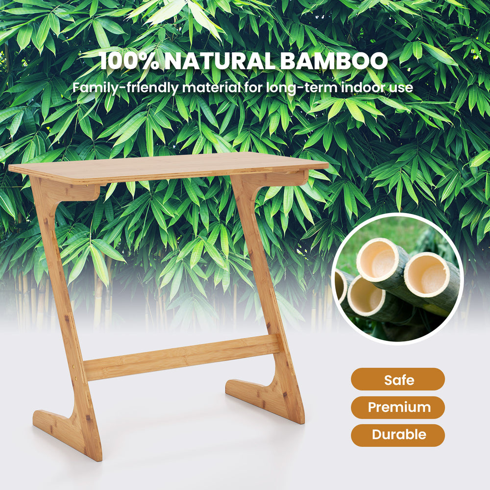 Bamboo Z-shaped side table with spacious tabletop, natural finish, ideal for small rooms and multi-functional use.