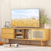 Bamboo TV stand with rattan and glass doors, suitable for TVs up to 65 inches, featuring two drawers and adjustable.