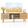 Bamboo TV stand with rattan and glass doors, suitable for TVs up to 65 inches, featuring adjustable shelves and storage.