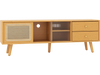 Bamboo TV stand with rattan and glass doors, featuring 2 drawers and adjustable shelf for TVs up to 65 inches.