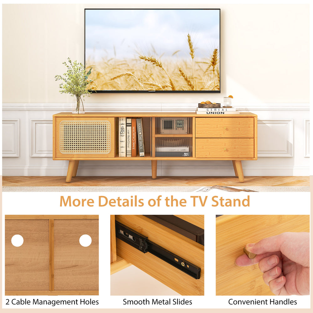 Bamboo TV stand with rattan and glass doors, featuring cable management holes and convenient handles for elegant.