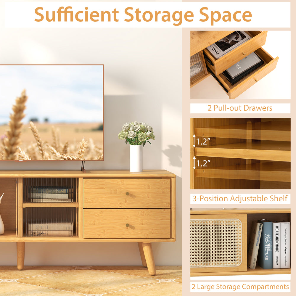 Bamboo TV stand with 2 pull-out drawers and adjustable shelf, designed for TVs up to 65 inches, perfect for elegant.