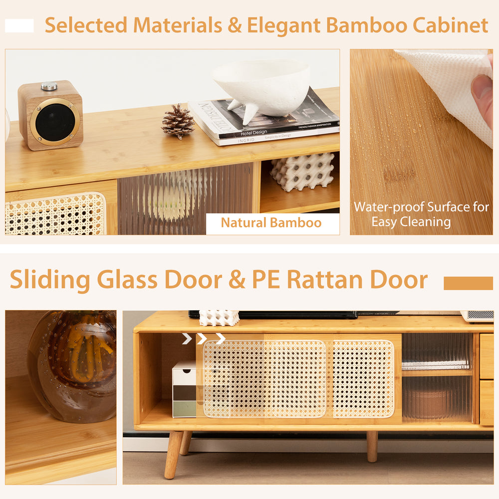 Bamboo TV stand with rattan and glass doors, featuring a waterproof surface and adjustable shelf for versatile storage.