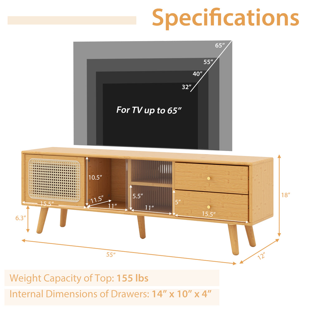 Bamboo TV stand with rattan and glass doors, suitable for TVs up to 65 inches, featuring 2 drawers and adjustable shelf.