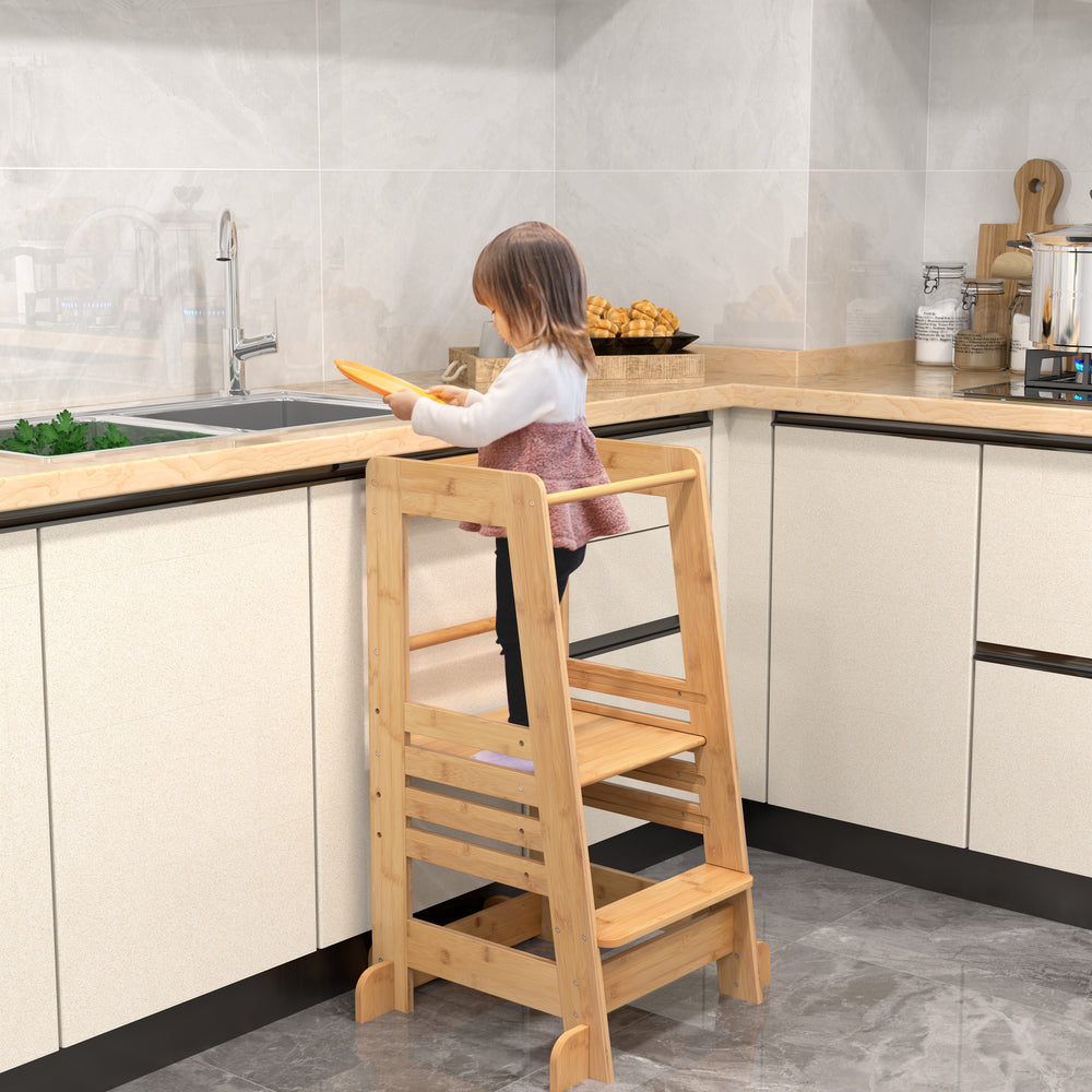 Bamboo kids kitchen step stool with adjustable height and safety rails, ideal for encouraging independence in toddlers.