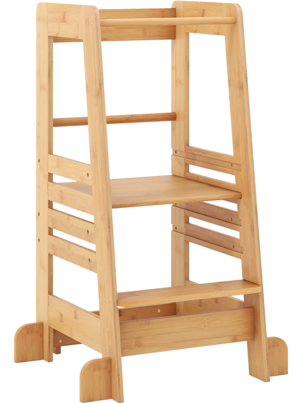 Bamboo kids kitchen step stool with adjustable height, safety rails, and stable A-shaped structure for toddlers'.
