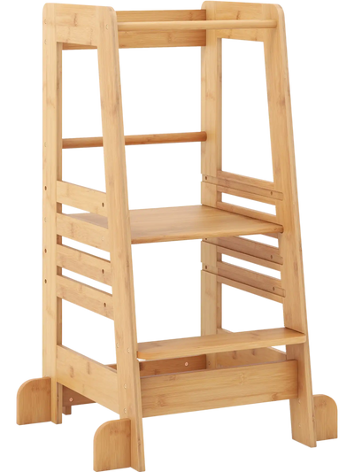 Costway Bamboo Kids Kitchen Step Stool Adjustable Height Safety Rails 845197263 New