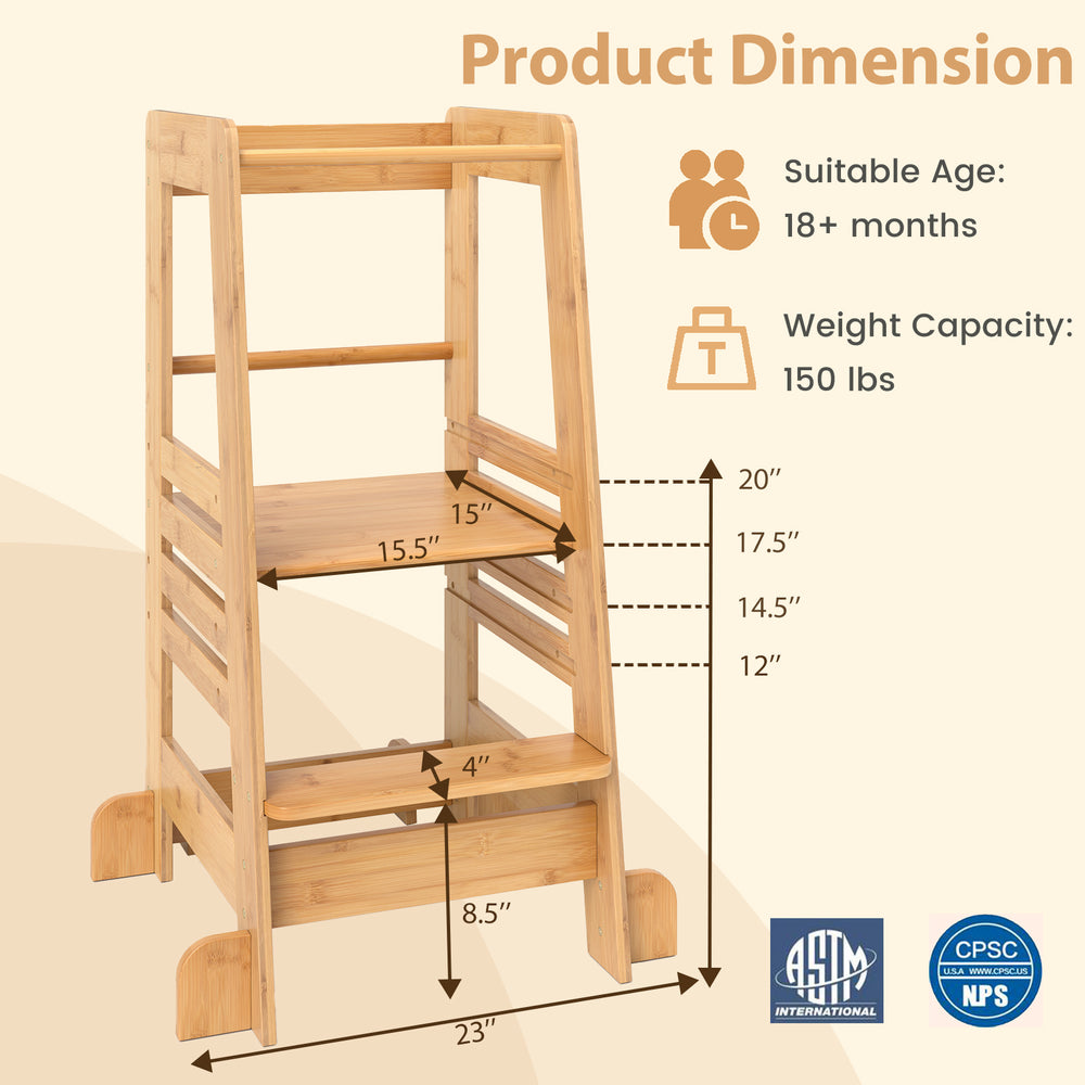 Bamboo kids kitchen step stool dimensions showcasing adjustable heights, sturdy frame, and safety rail for toddler use.