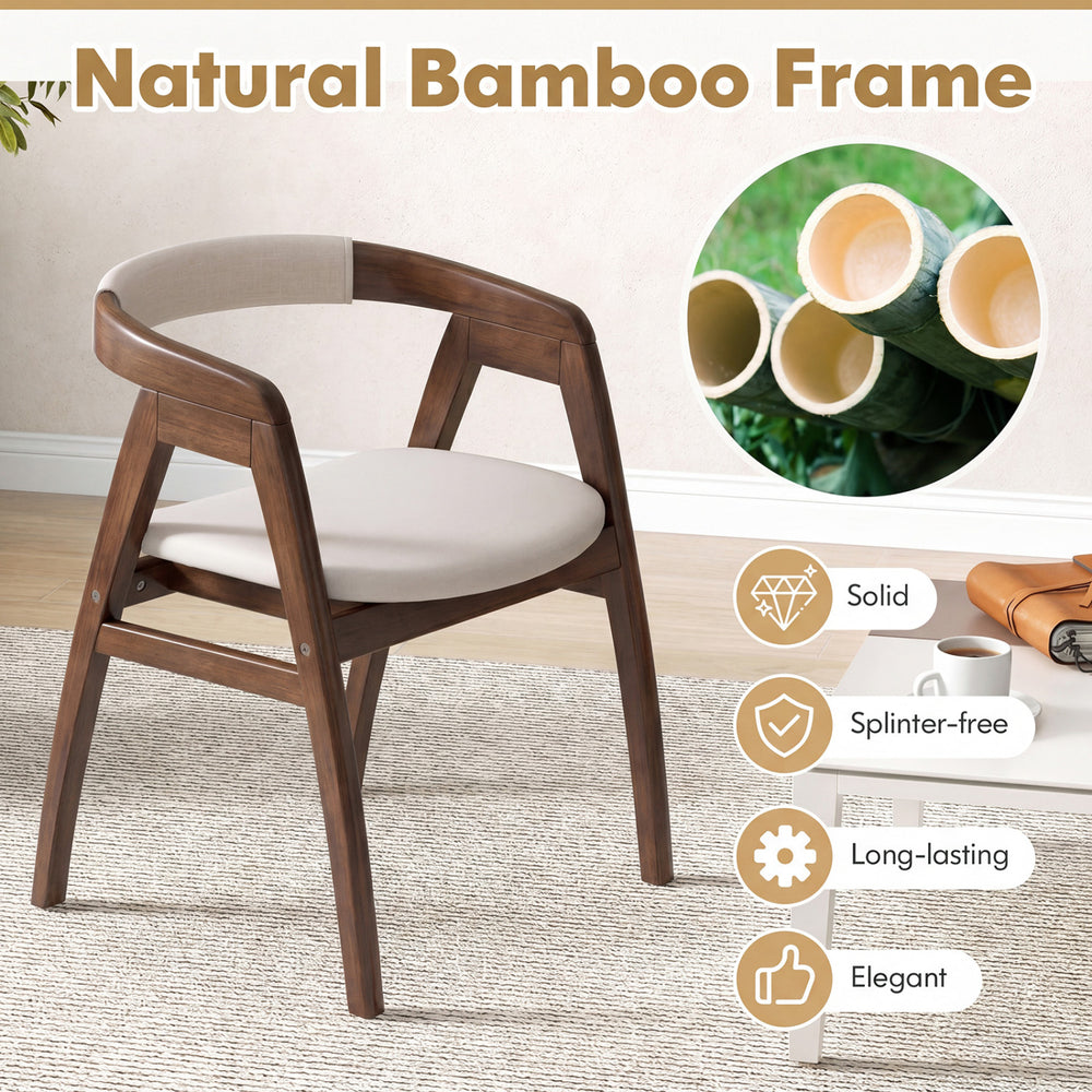 Bamboo upholstered dining chair with curved back, walnut frame, and cushion for comfort in dining or living spaces.
