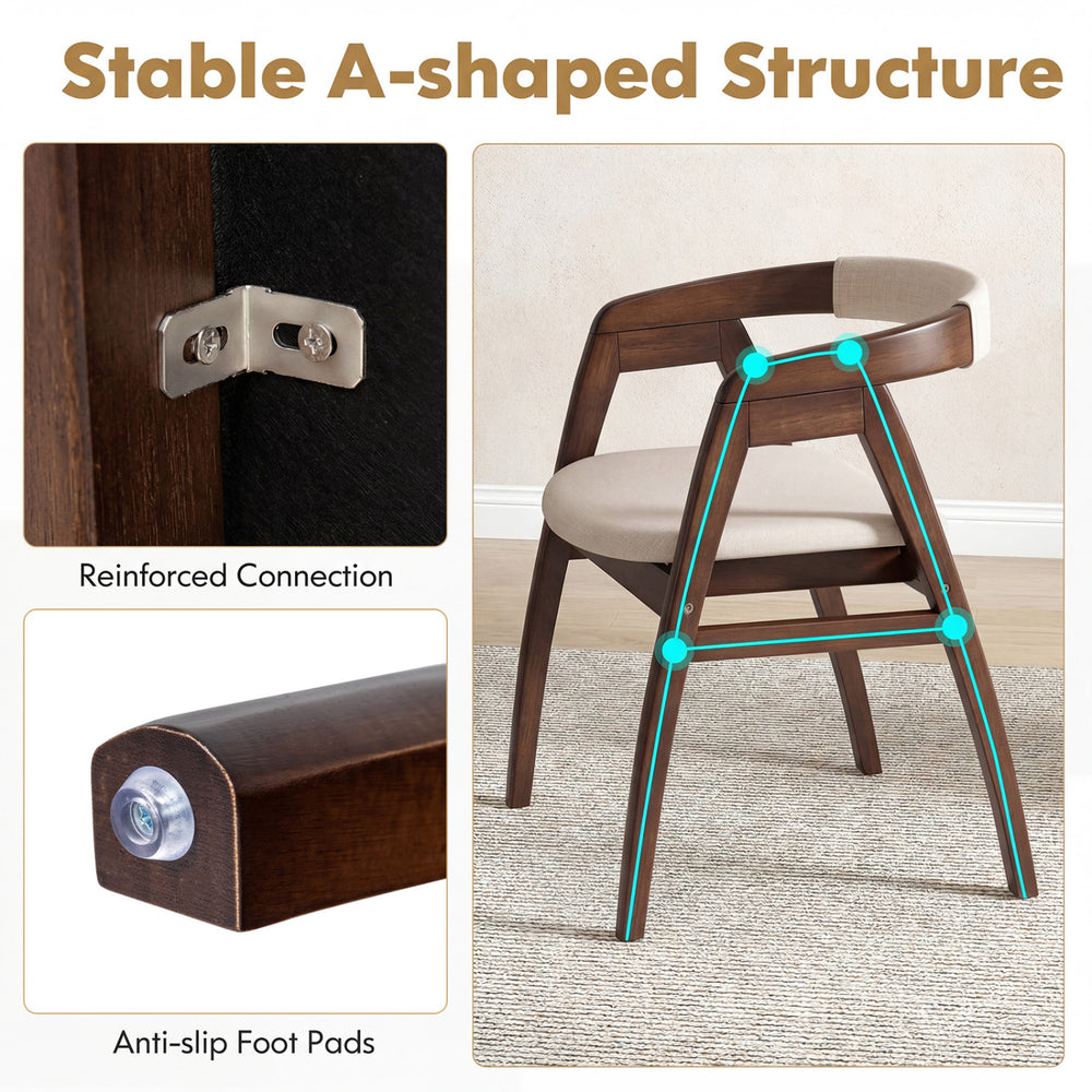 Bamboo upholstered dining chair with curved back, A-shaped structure, and anti-slip foot pads for stability and comfort.