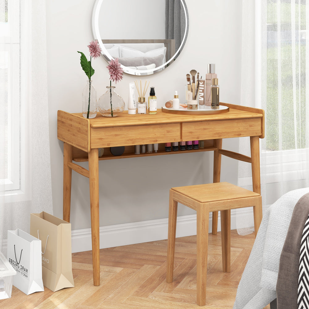 Bamboo writing desk with two storage drawers and open shelf, ideal for studying or makeup in a natural finish.