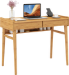 Bamboo writing desk with two storage drawers and open shelf, ideal for working or studying in a natural finish.