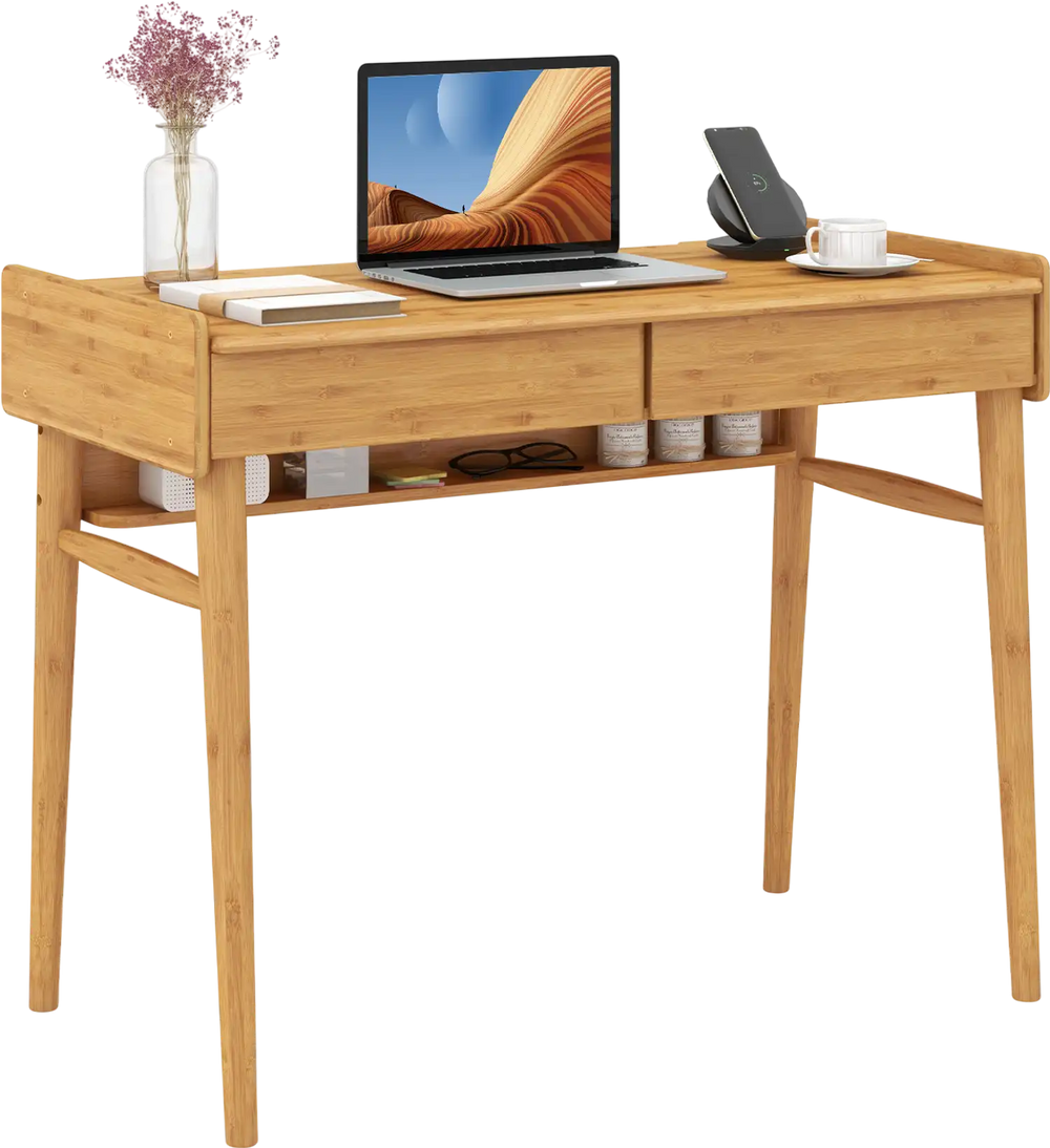 Bamboo writing desk with two storage drawers and open shelf, ideal for working or studying in a natural finish.