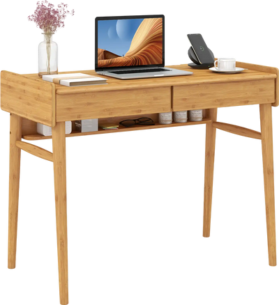 Costway Bamboo Writing Desk w/ 2 Drawers Open Shelf 89172345 New