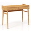 Bamboo writing desk with two storage drawers and open shelf, featuring a natural finish for versatile use in any space.
