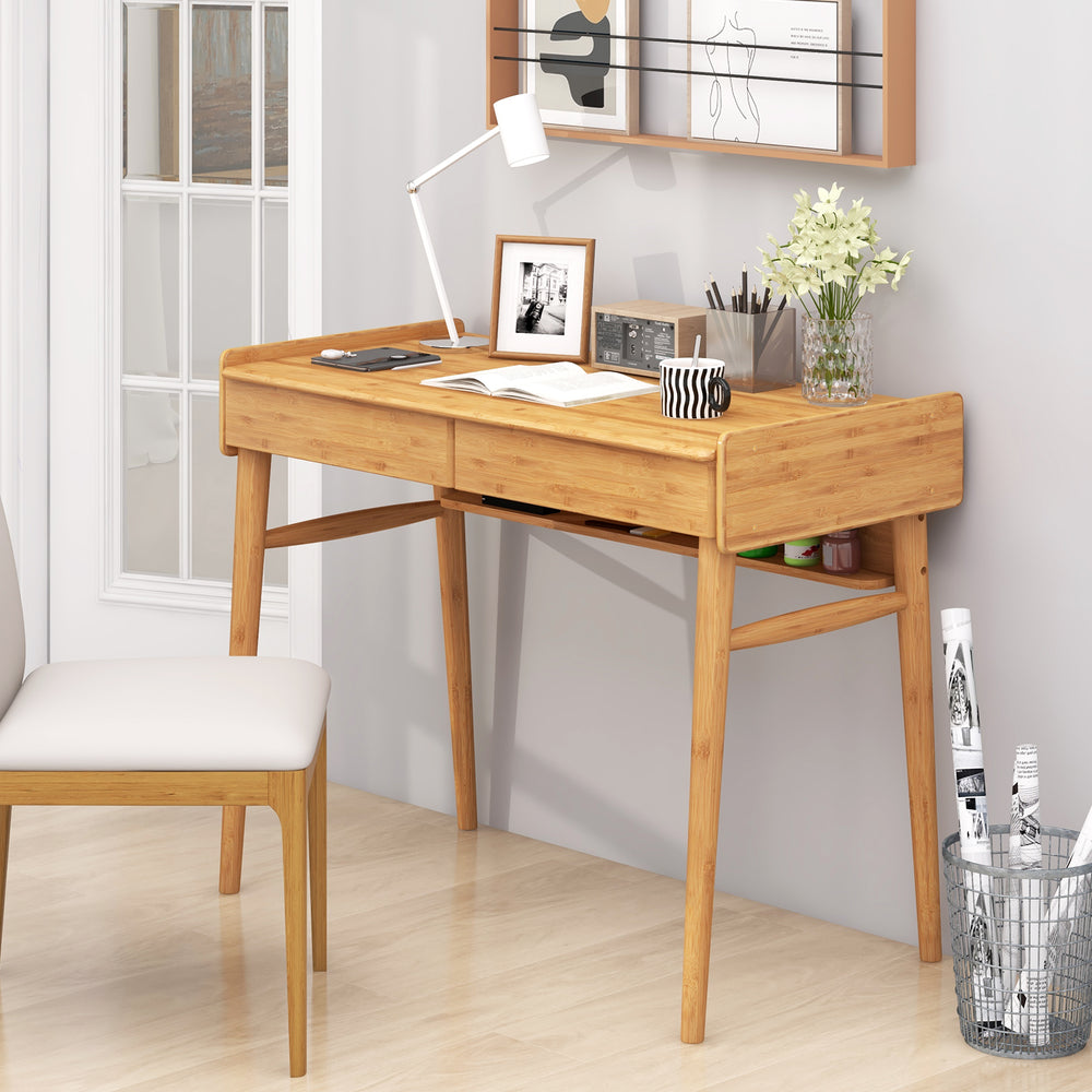 Bamboo writing desk with two storage drawers and open shelf, perfect for studying or working in a stylish setting.
