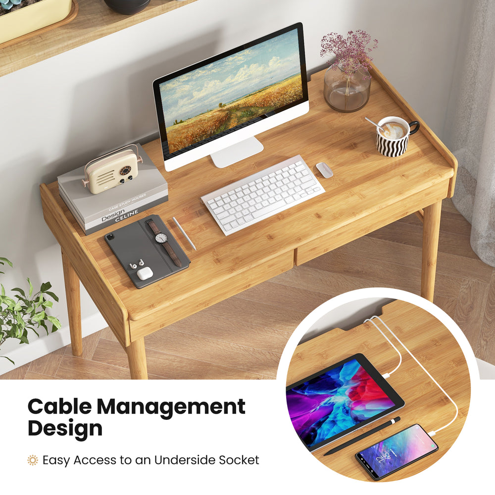 Bamboo writing desk with 2 storage drawers, open shelf, and built-in cable management for organized workspace.