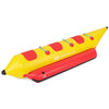 3-person inflatable banana boat in bright red and yellow with non-slip EVA seats, includes electric air pump and.