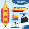 3-person inflatable banana boat in bright red and yellow with electric air pump, carrying bag, and repair kit for easy.