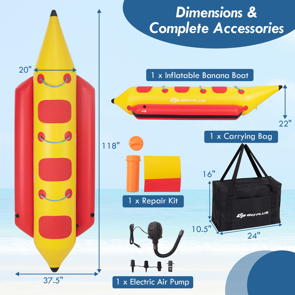 3-person inflatable banana boat in bright red and yellow with electric air pump, carrying bag, and repair kit for easy.
