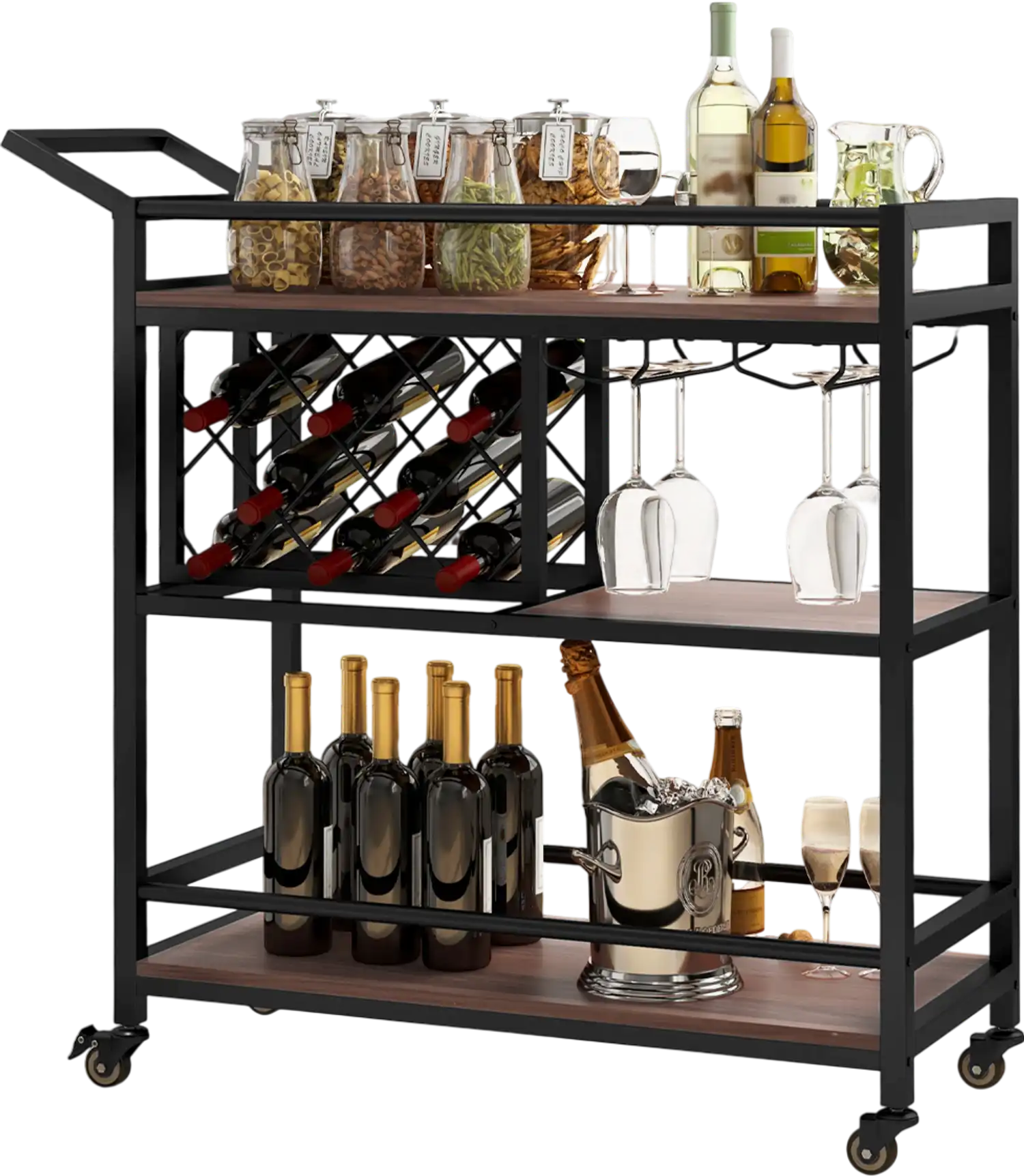 Costway 3-Tier Bar Cart on Wheels Kitchen Serving Cart Wine Rack Glass Holder Brown 974186253 New
